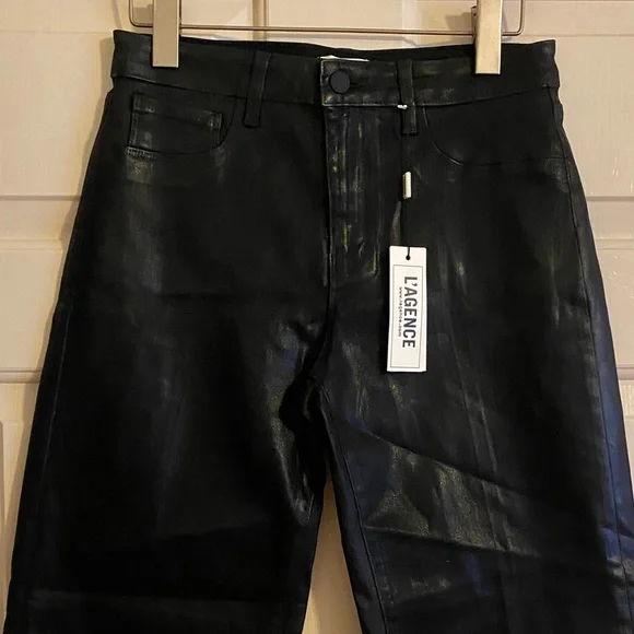 NWT L'AGENCEStraight Leather Black Jeans, Size 27